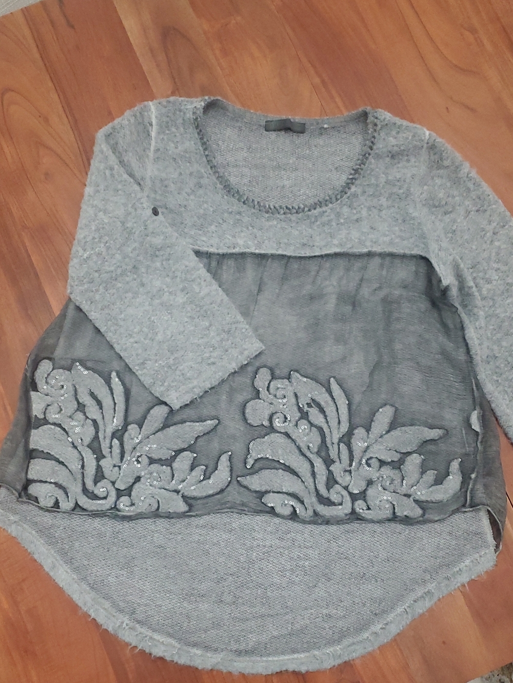 lola Grey Mixed-Media Embroidered Scoop-Neck Sweater
